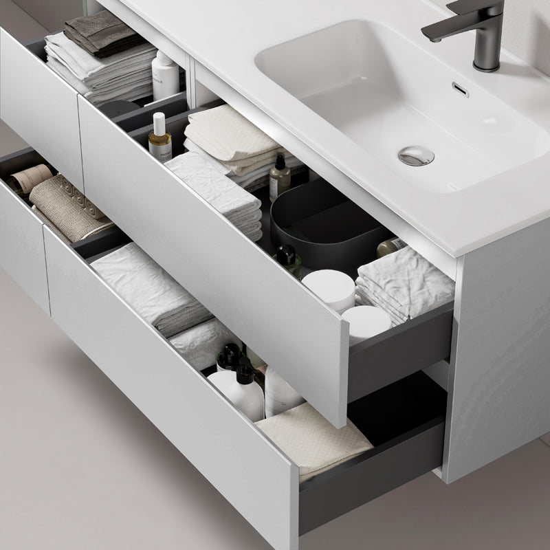 Mobile bagno sospeso 120 cm Bianco Lavabo a Destra in Ceramica Specchio Tondo - Fiji Paint