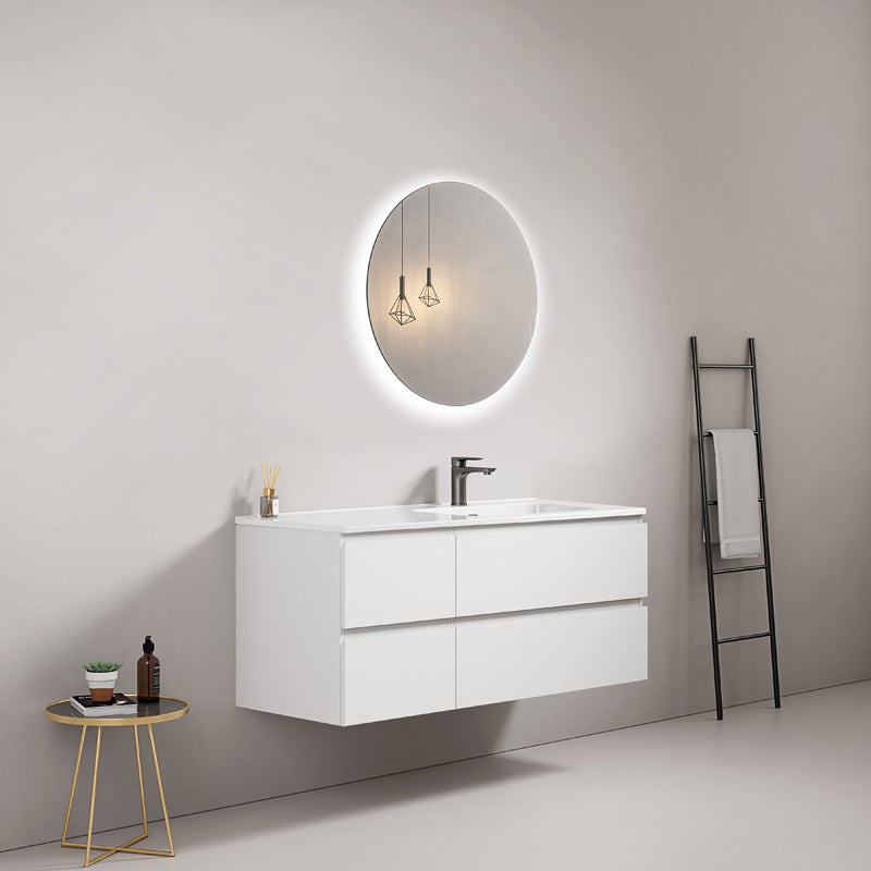 Mobile bagno sospeso 120 cm Bianco Lavabo a Destra in Ceramica Specchio Tondo Retroilluminato - Fiji Paint