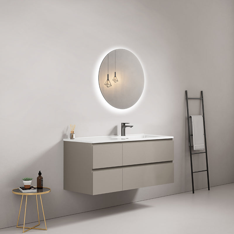 Mobile bagno sospeso 120 cm Grigio Cenere Lavabo a Destra in Ceramica Specchio Tondo Retroilluminato - Fiji Paint