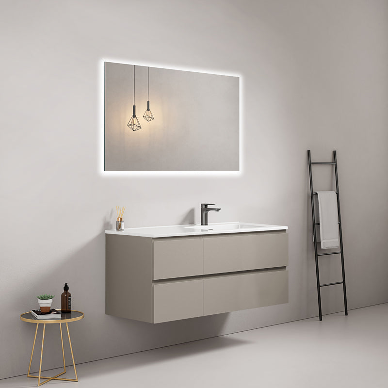 Mobile bagno sospeso 120 cm Grigio Cenere Lavabo a Destra in Ceramica Specchio Quadro Retroilluminato - Fiji Paint