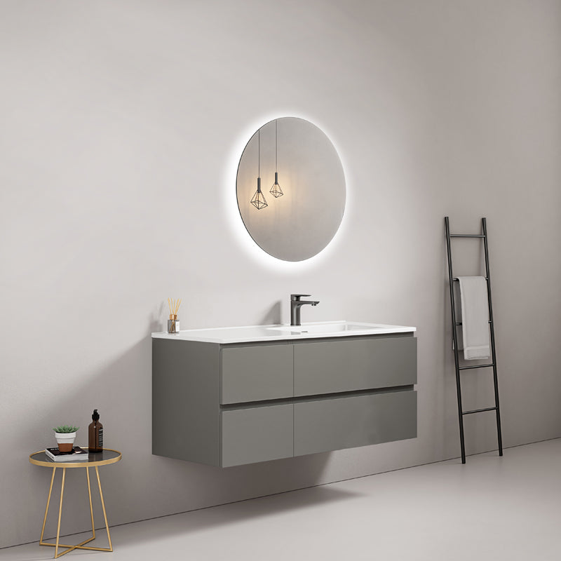 Mobile bagno sospeso 120 cm Grigio Londra Lavabo a Destra in Ceramica Specchio Tondo Retroilluminato - Fiji Paint