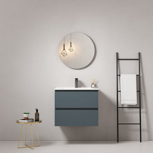 60cm Wall-hung Bathroom Cabinet Sea Blue Ceramic Sink Round Mirror - Fiji Paint