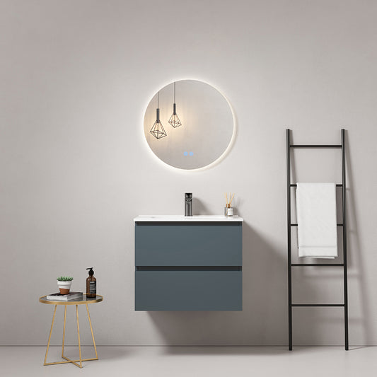 60cm Wall-hung Bathroom Cabinet Sea Blue Ceramic Sink Round Backlit Mirror - Fiji Paint