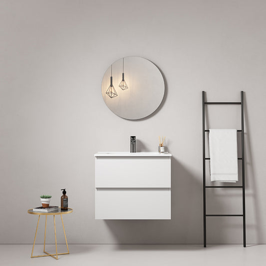 60cm Wall-hung Bathroom Cabinet White Ceramic Sink Round Mirror - Fiji Paint
