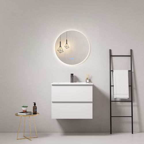 Mobile bagno sospeso 60 cm Bianco Lavabo in Ceramica Specchio Tondo Retroilluminato - Fiji Paint
