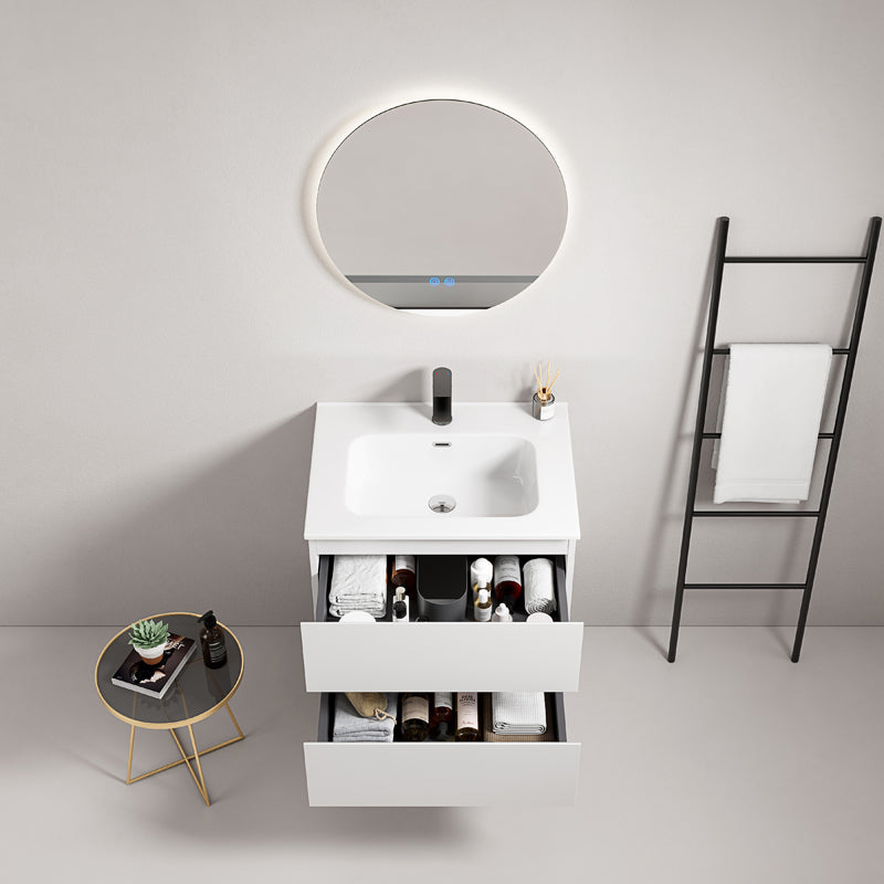 60cm Wall-hung Bathroom Cabinet White Ceramic Sink Round Backlit Mirror - Fiji Paint