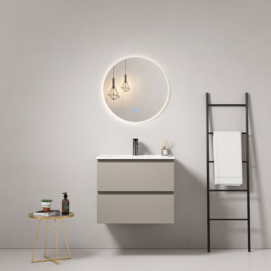 60cm Ash Grey Wall-hung Bathroom Cabinet Ceramic Sink Round Backlit Mirror - Fiji Paint