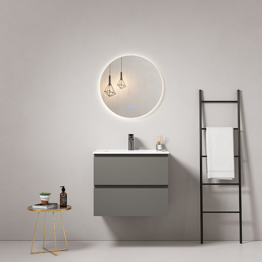 60cm London Grey Wall-hung Bathroom Cabinet Ceramic Sink Backlit Round Mirror - Fiji Paint