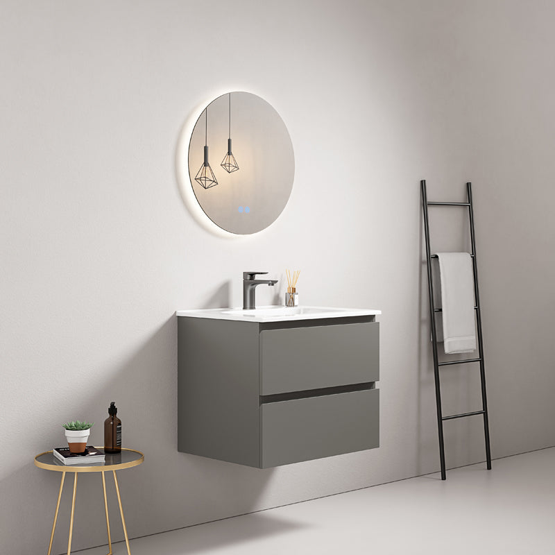 60cm London Grey Wall-hung Bathroom Cabinet Ceramic Sink Backlit Round Mirror - Fiji Paint