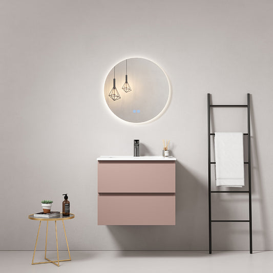 60cm Wall-hung Bathroom Cabinet Pink Retro Ceramic Sink Round Backlit Mirror - Fiji Paint