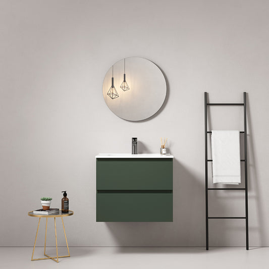 60cm Wall-hung Bathroom Cabinet Green Comodoro Ceramic Sink Round Mirror - Fiji Paint