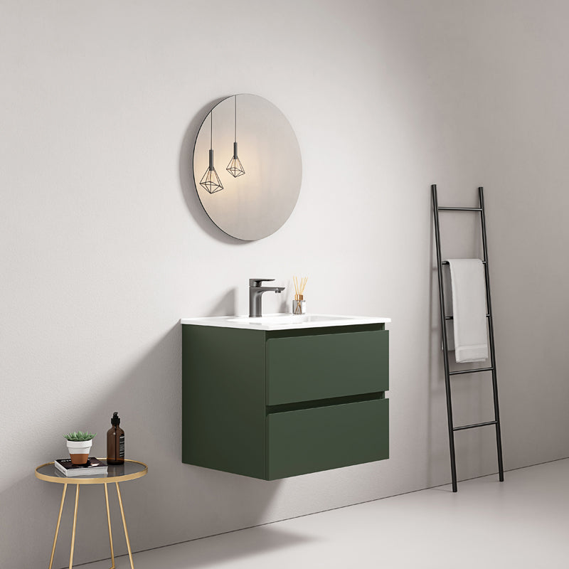 60cm Wall-hung Bathroom Cabinet Green Comodoro Ceramic Sink Round Mirror - Fiji Paint