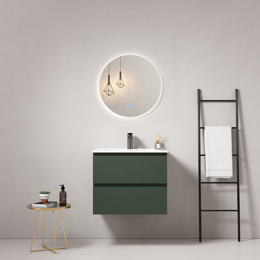 60cm Wall-hung Bathroom Cabinet Comodoro Green Ceramic Sink Round Backlit Mirror - Fiji Paint