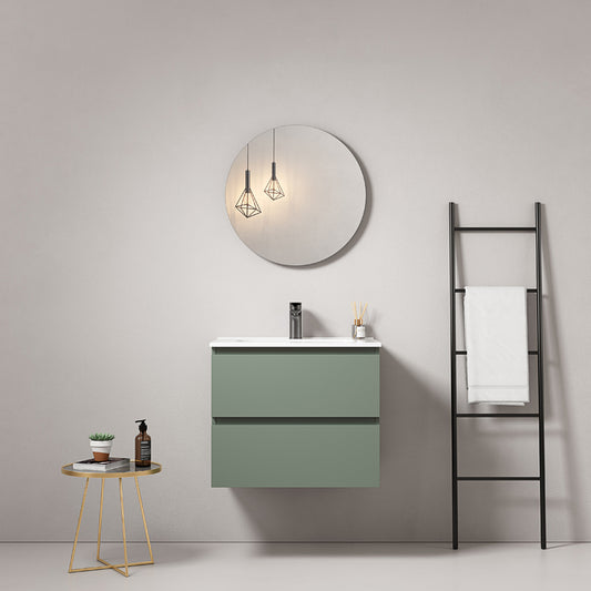 60cm Sage Green Wall-Hung Bathroom Cabinet Ceramic Sink Round Mirror - Fiji Paint
