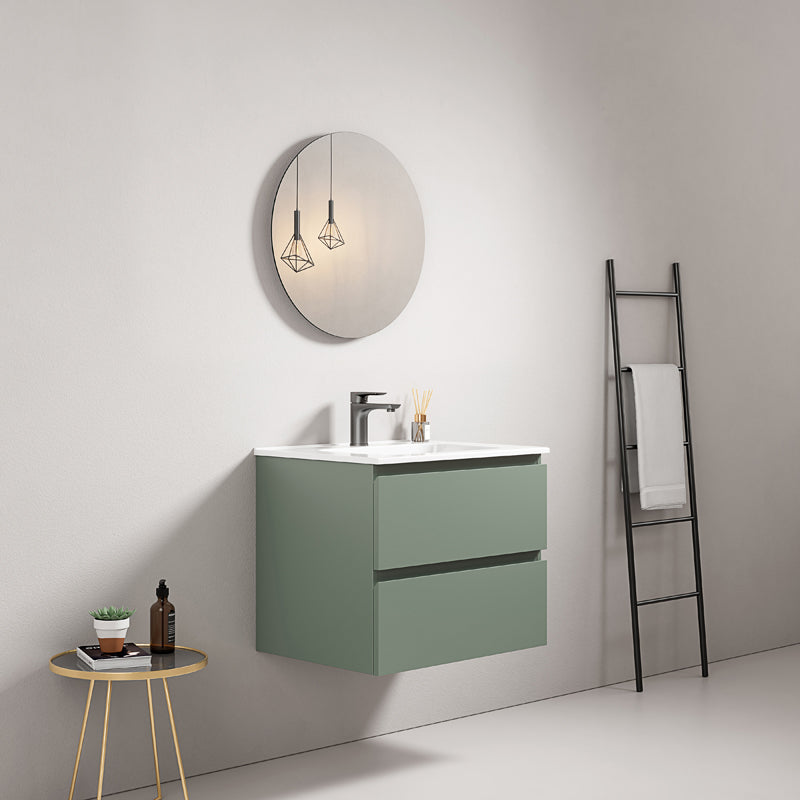 60cm Sage Green Wall-Hung Bathroom Cabinet Ceramic Sink Round Mirror - Fiji Paint