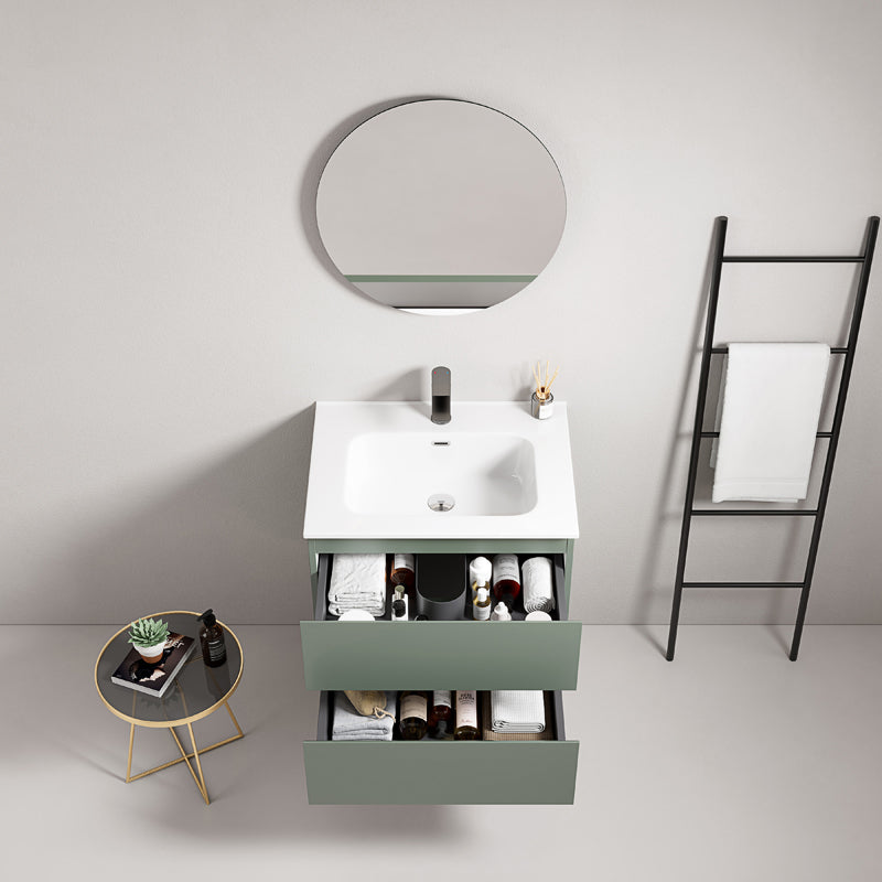 60cm Sage Green Wall-Hung Bathroom Cabinet Ceramic Sink Round Mirror - Fiji Paint