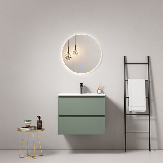 60cm Sage Green Wall-Hung Bathroom Cabinet Ceramic Sink Backlit Round Mirror - Fiji Paint