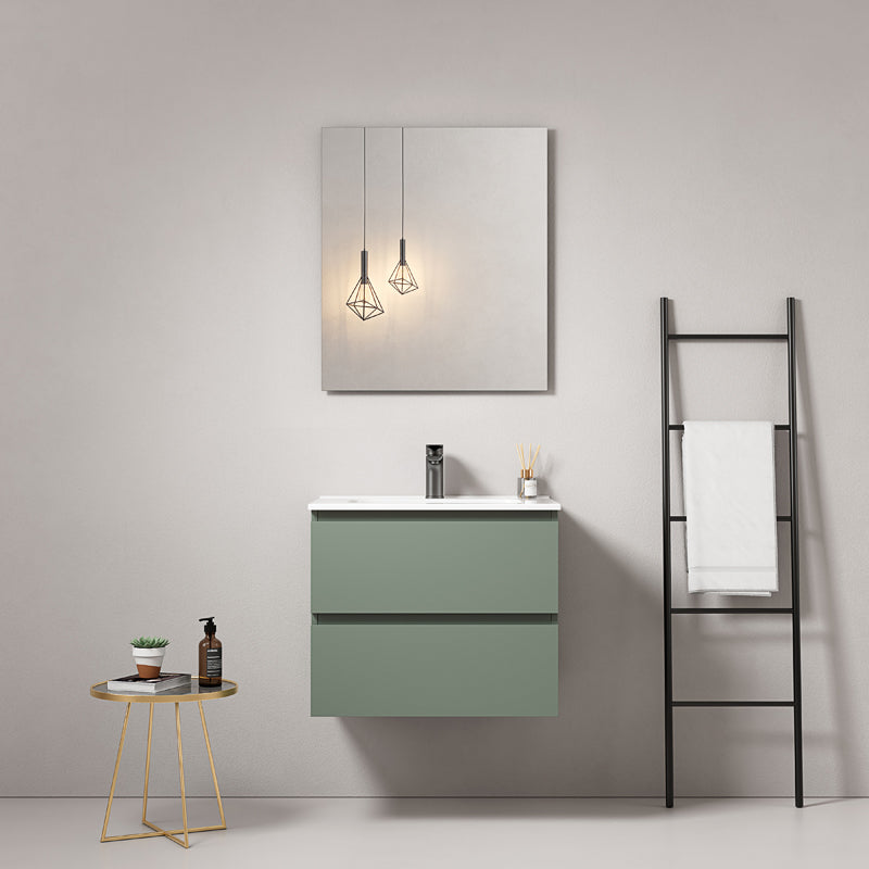 60cm Sage Green Wall-Hung Bathroom Cabinet Ceramic Sink Mirror Quadro - Fiji Paint