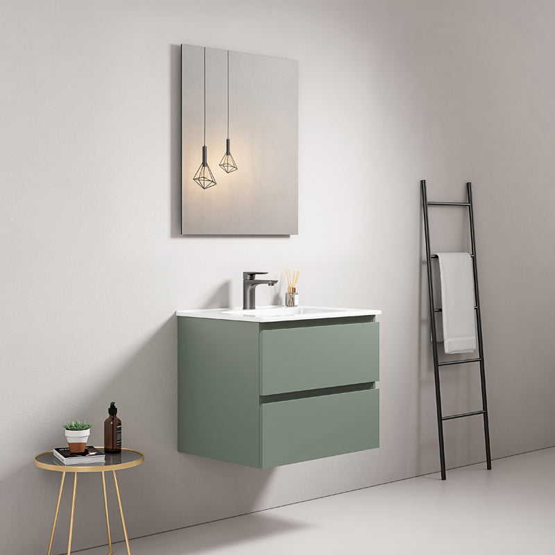 60cm Sage Green Wall-Hung Bathroom Cabinet Ceramic Sink Mirror Quadro - Fiji Paint