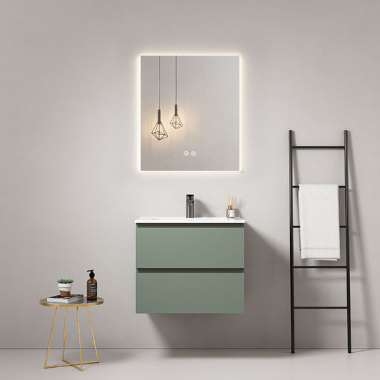 60cm Sage Green Wall-Hung Bathroom Cabinet Ceramic Sink Backlit Mirror - Fiji Paint