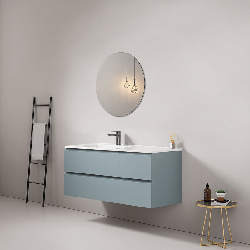 Mobile bagno sospeso 120 cm Blu Avio Lavabo a Sinistra in Ceramica Specchio Tondo - Fiji Paint