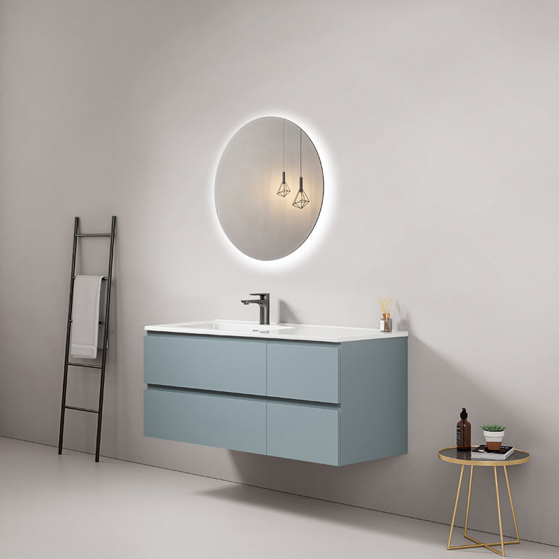 Mobile bagno sospeso 120 cm Blu Avio Lavabo a Sinistra in Ceramica Specchio Tondo Retroilluminato - Fiji Paint