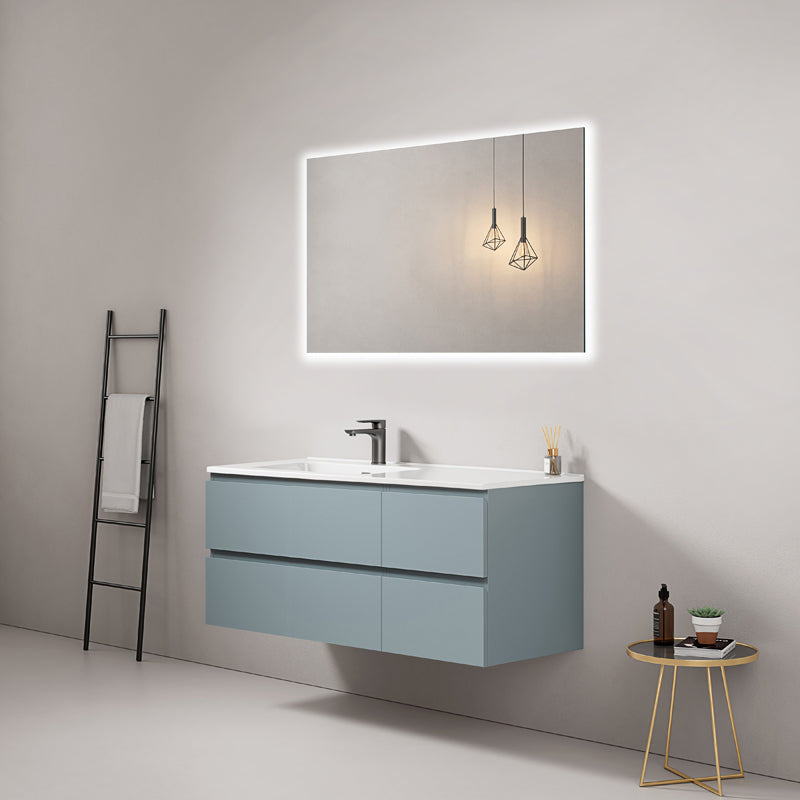 Mobile bagno sospeso 120 cm Blu Avio Lavabo a Sinistra in Ceramica Specchio Quadro Retroilluminato - Fiji Paint