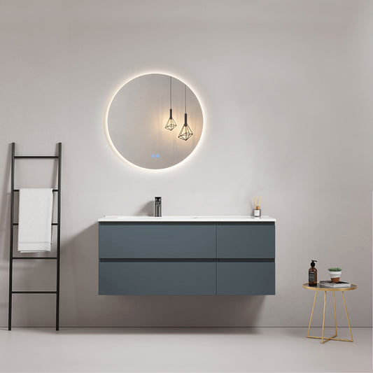 Mobile bagno sospeso 120 cm Blu Mare Lavabo a Sinistra in Ceramica Specchio Tondo Retroilluminato - Fiji Paint