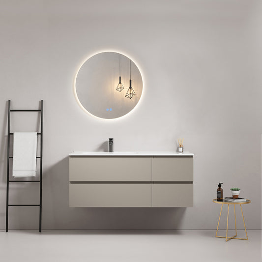Mobile bagno sospeso 120 cm Grigio Cenere Lavabo a Sinistra in Ceramica Specchio Tondo Retroilluminato - Fiji Paint