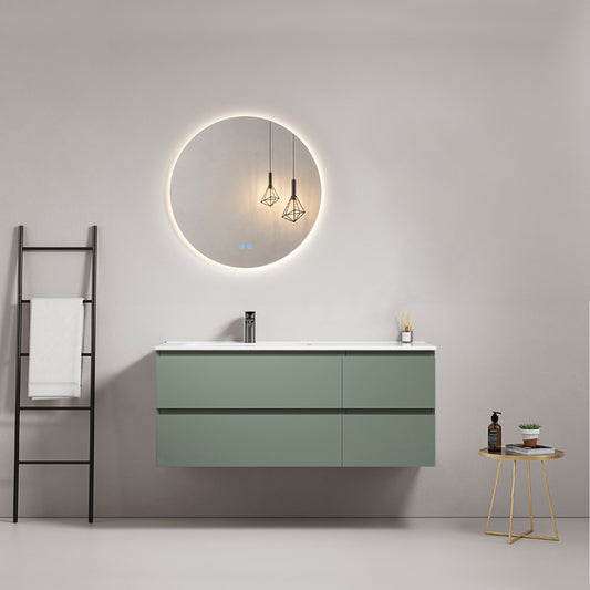 Mobile bagno sospeso 120 cm Verde Salvia Lavabo a Sinistra in Ceramica Specchio Tondo Retroilluminato - Fiji Paint