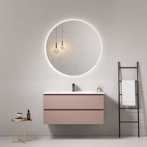 Mobile bagno sospeso 100 cm Rosa Retro Lavabo in Ceramica Specchio Tondo Retroilluminato - Fiji Paint