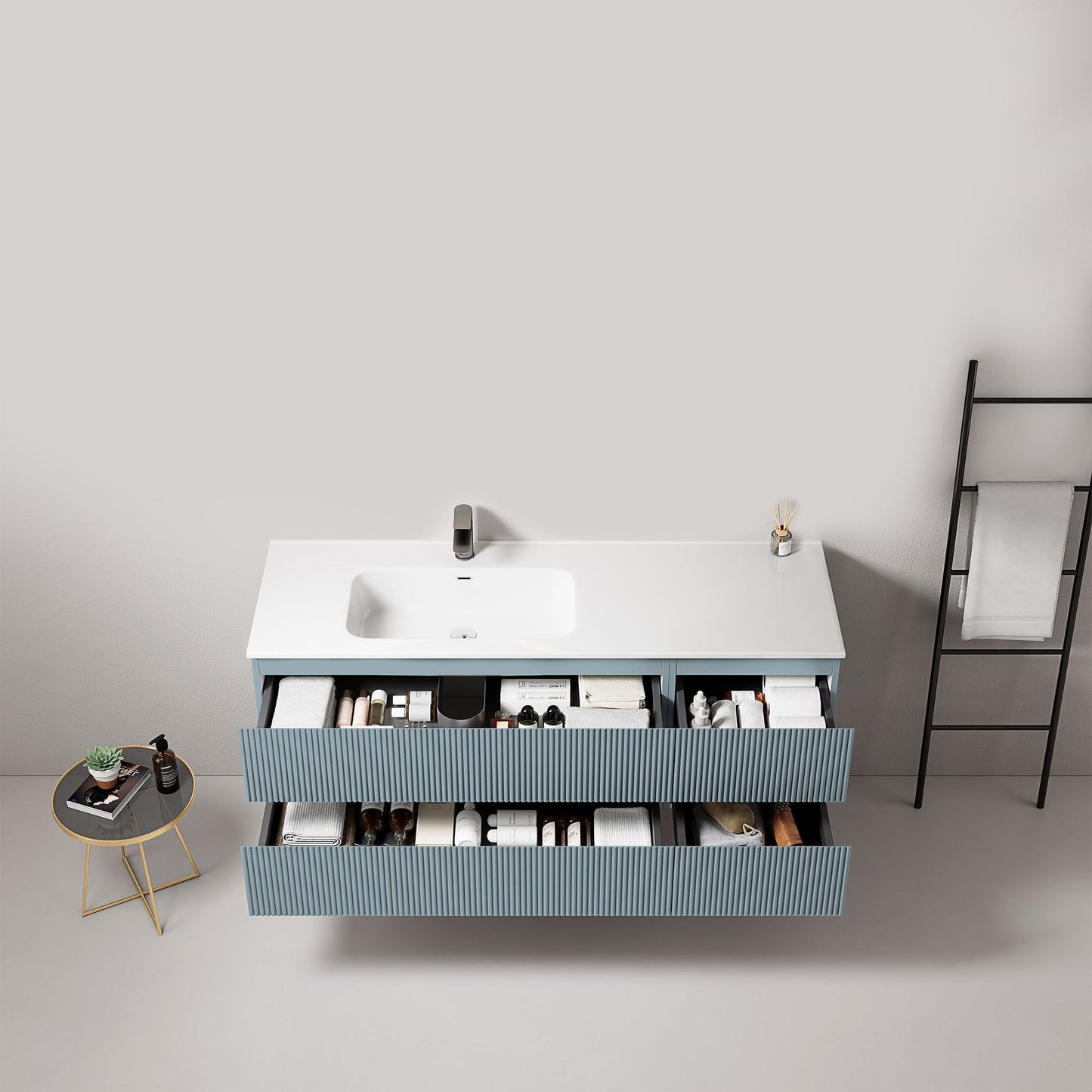 Mobile bagno sospeso cannettato 140 cm Blu Avio Lavabo a Sinistra in Resina Senza Specchio - Fiji Paint