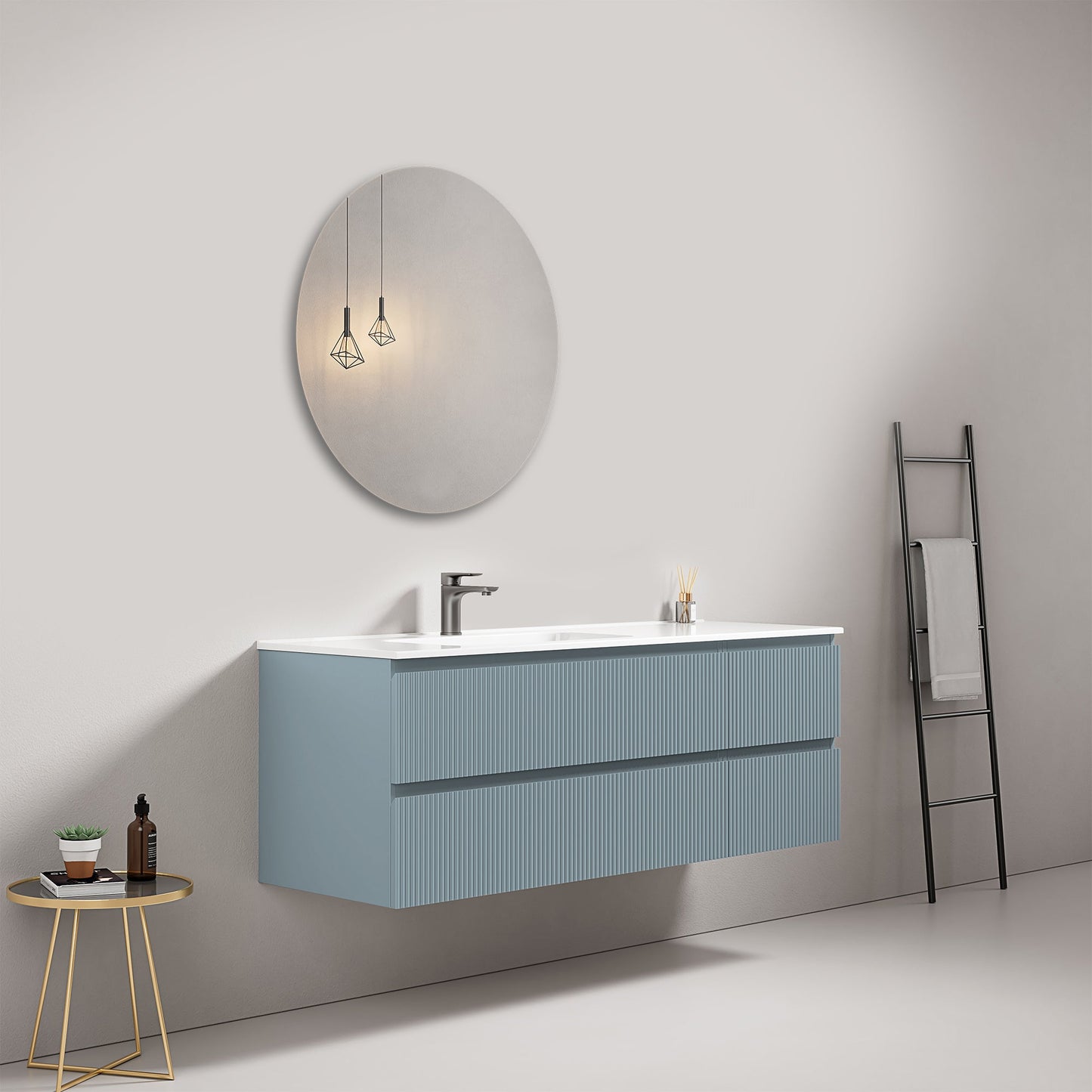 Mobile bagno sospeso cannettato 140 cm Blu Avio Lavabo a Sinistra in Resina Specchio Tondo - Fiji Paint