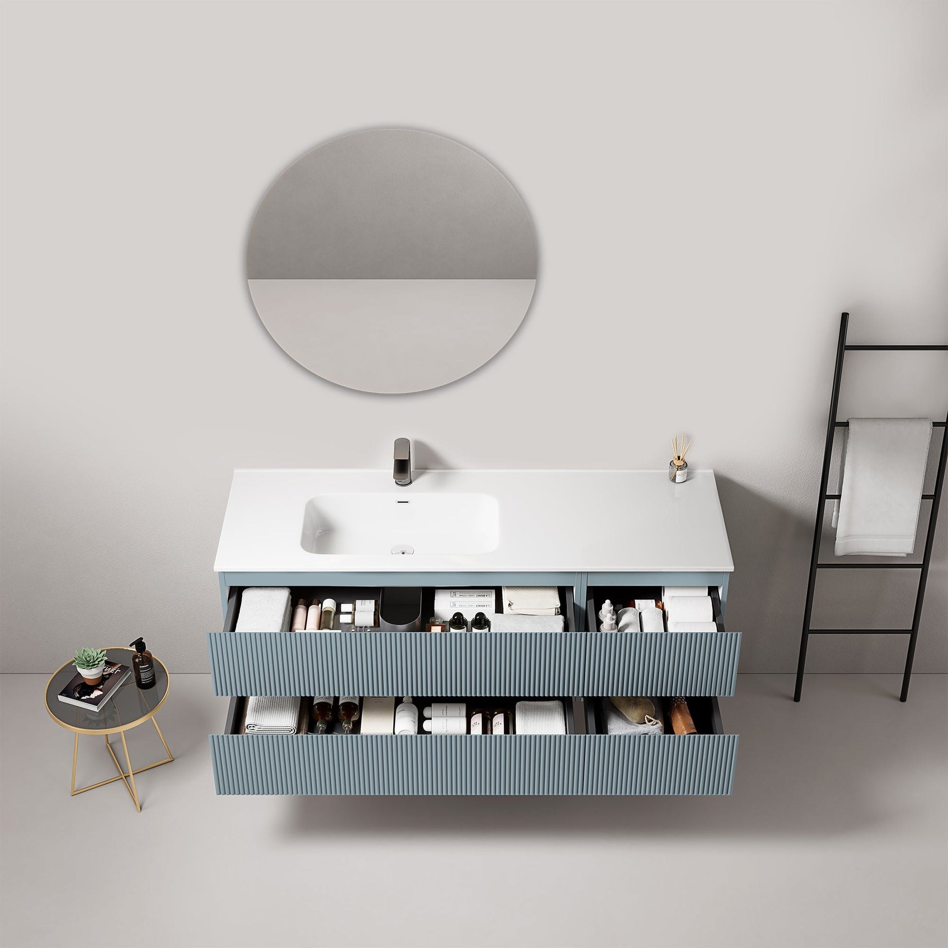 Mobile bagno sospeso cannettato 140 cm Blu Avio Lavabo a Sinistra in Resina Specchio Tondo - Fiji Paint