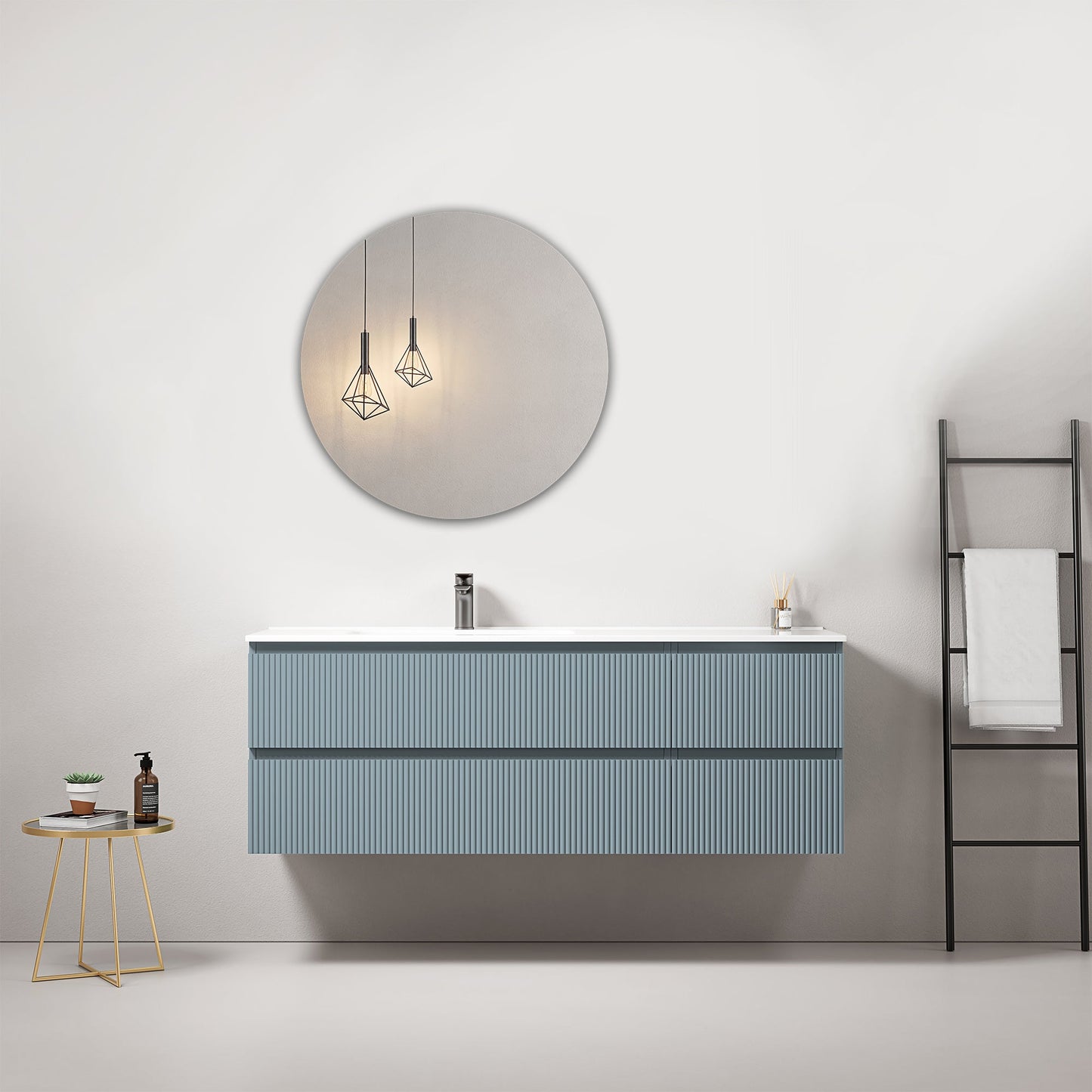 Mobile bagno sospeso cannettato 140 cm Blu Avio Lavabo a Sinistra in Resina Specchio Tondo - Fiji Paint.