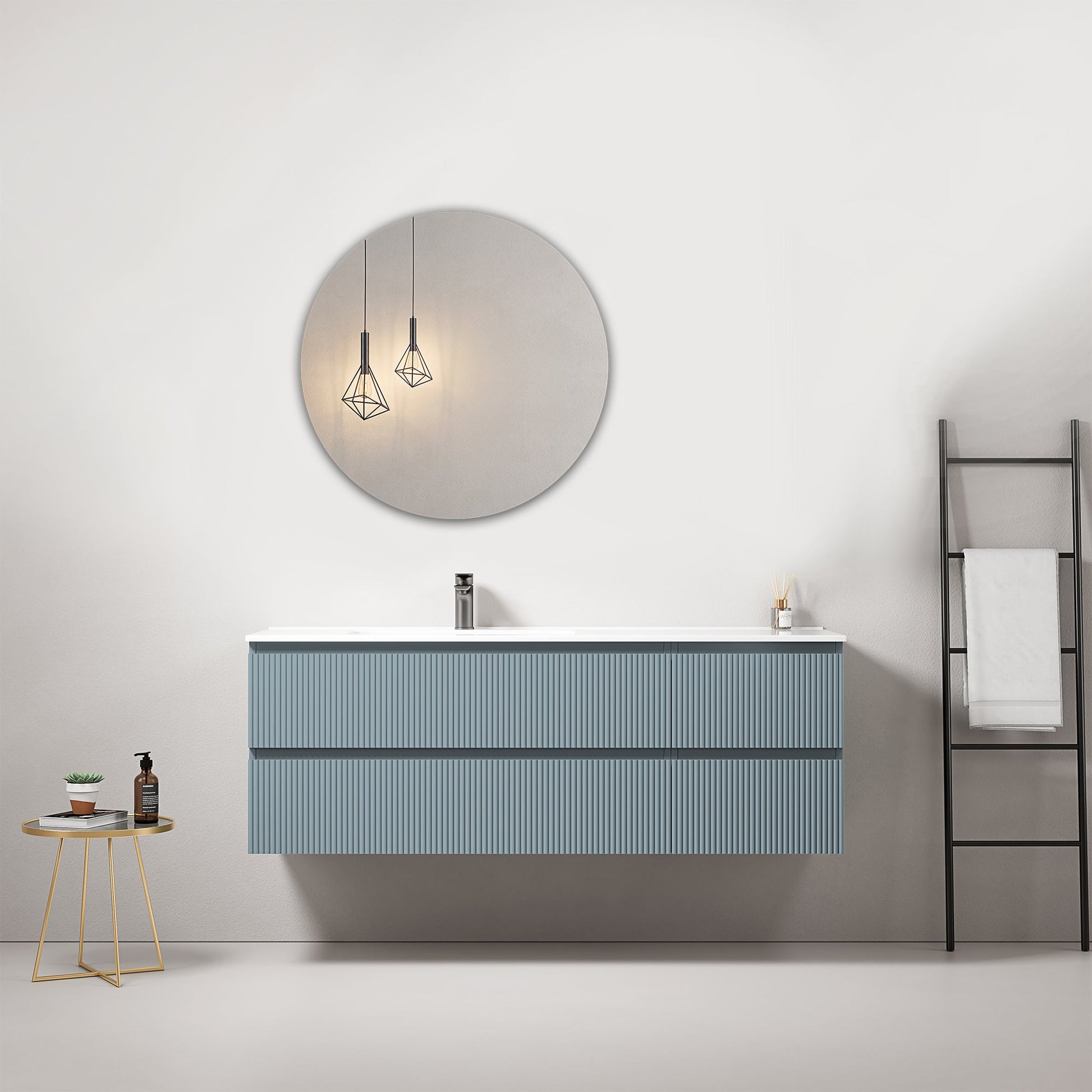 Mobile bagno sospeso cannettato 140 cm Blu Avio Lavabo a Sinistra in Resina Specchio Tondo - Fiji Paint.