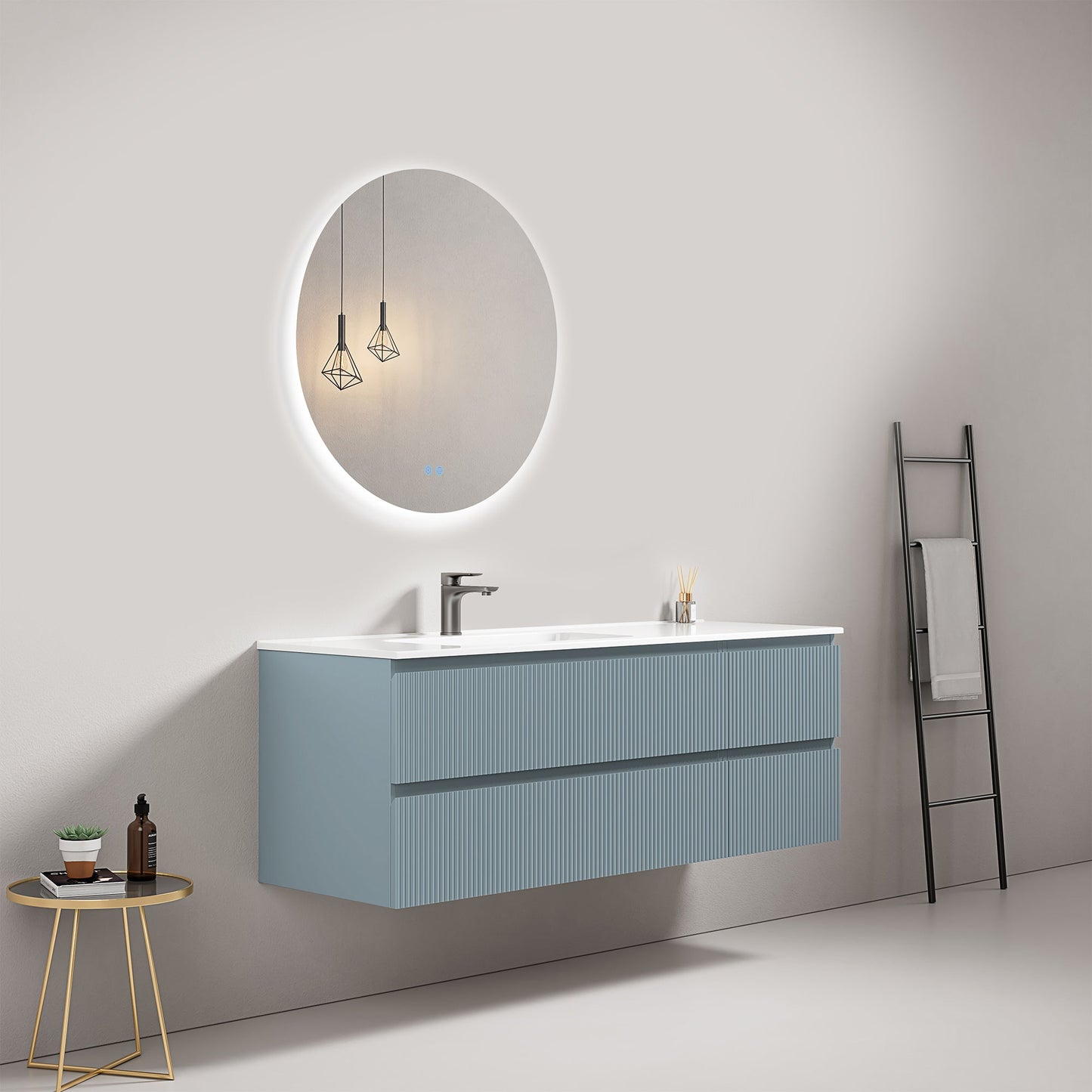 Mobile bagno sospeso cannettato 140 cm Blu Avio Lavabo a Sinistra in Resina Specchio Tondo Retroilluminato - Fiji Paint.