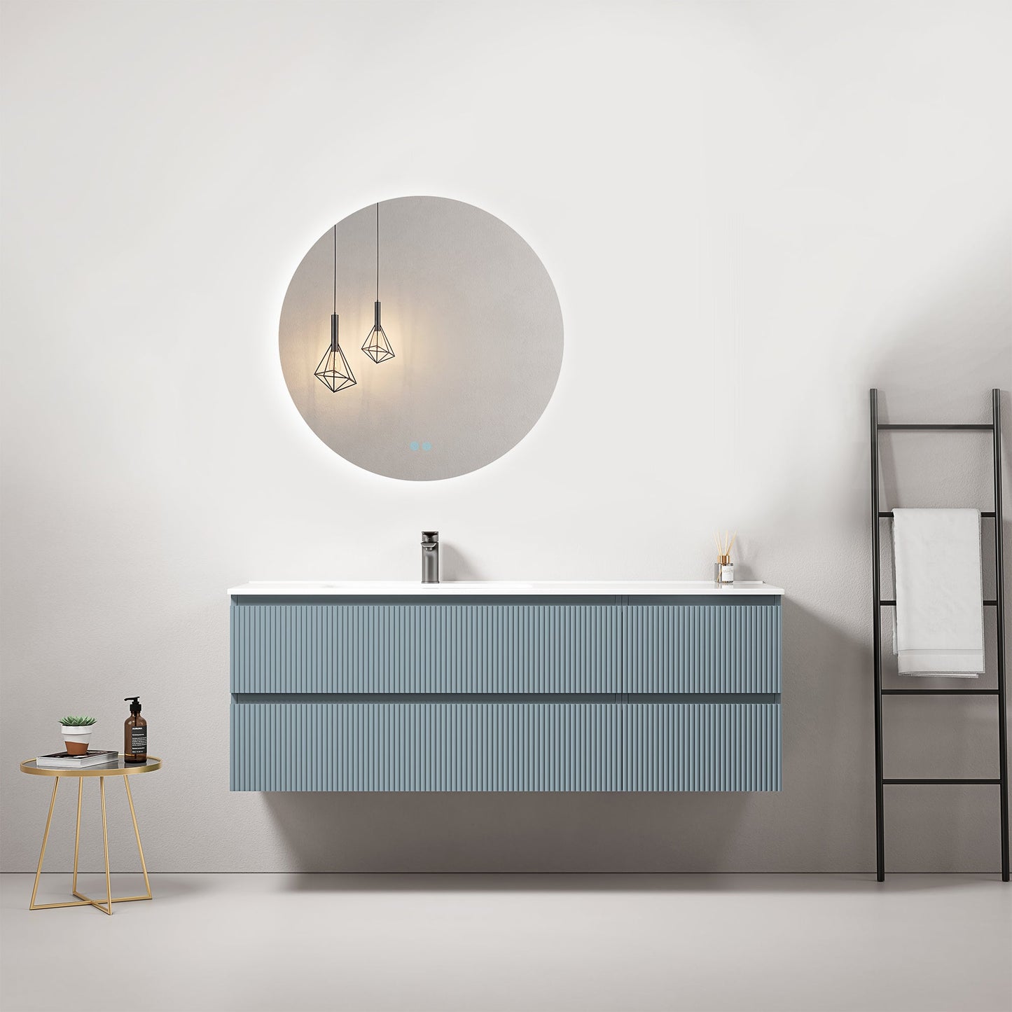 Mobile bagno sospeso cannettato 140 cm Blu Avio Lavabo a Sinistra in Resina Specchio Tondo Retroilluminato - Fiji Paint