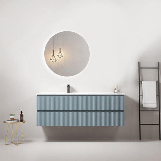 Mobile bagno sospeso cannettato 140 cm Blu Avio Lavabo a Sinistra in Resina Specchio Tondo Retroilluminato - Fiji Paint