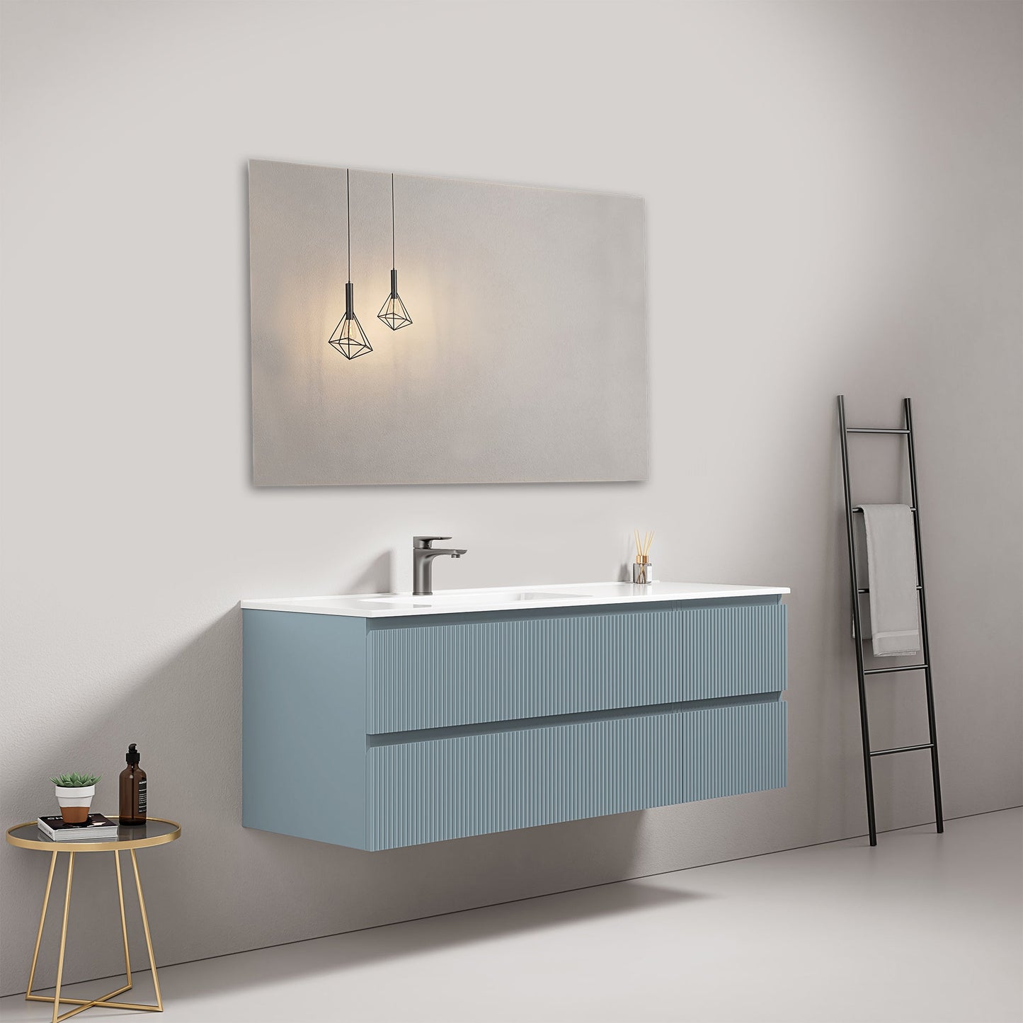Mobile bagno sospeso cannettato 140 cm Blu Avio Lavabo a Sinistra in Resina Specchio Quadro - Fiji Paint