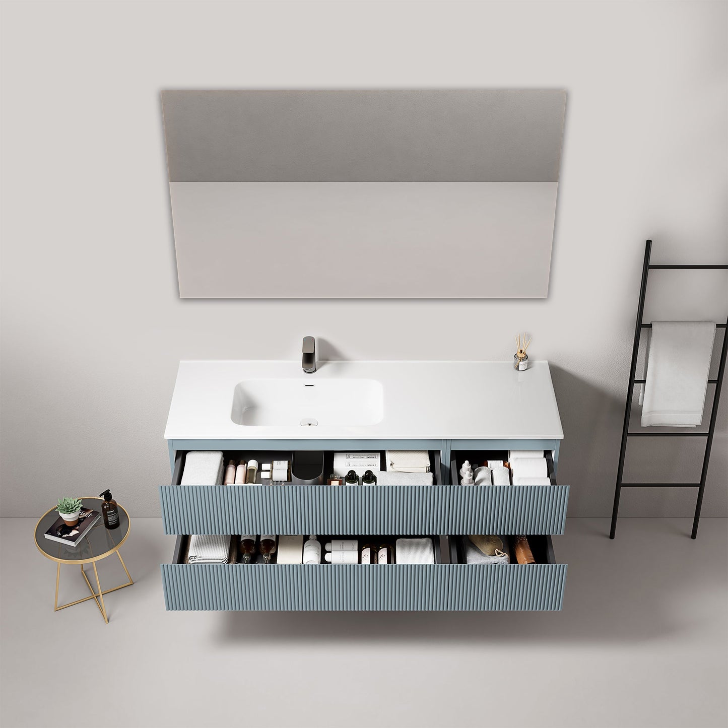 Mobile bagno sospeso cannettato 140 cm Blu Avio Lavabo a Sinistra in Resina Specchio Quadro - Fiji Paint