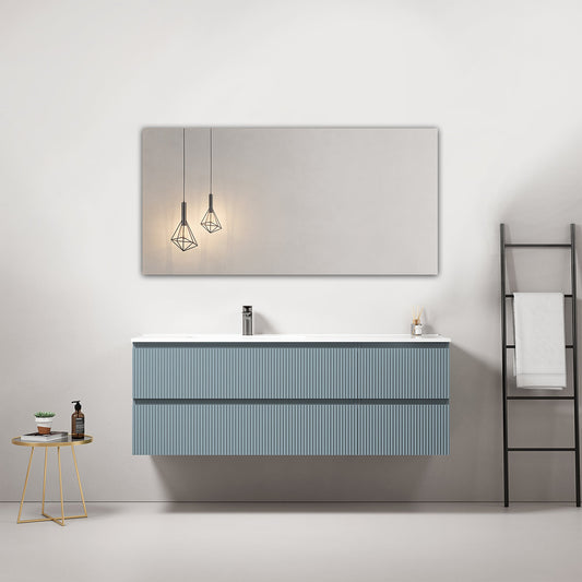 Mobile bagno sospeso cannettato 140 cm Blu Avio Lavabo a Sinistra in Resina Specchio Quadro - Fiji Paint
