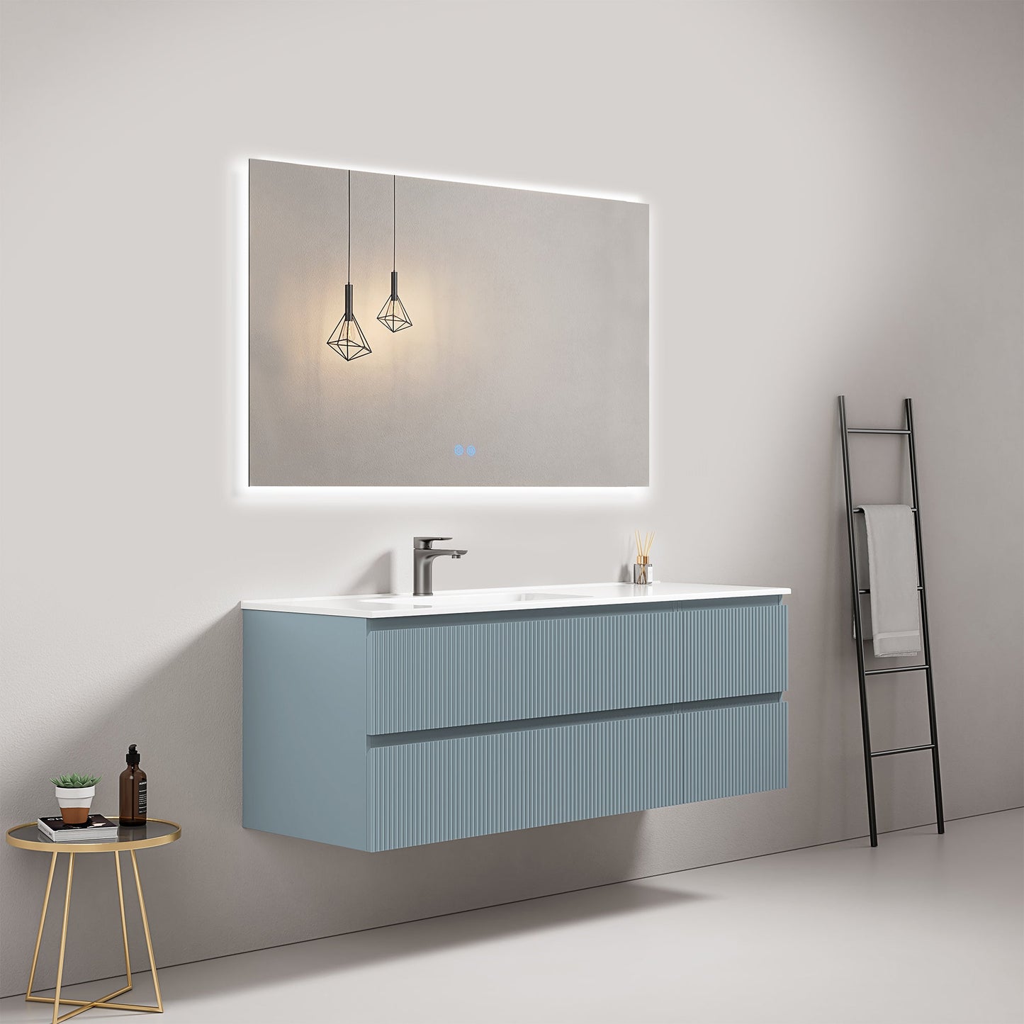 Mobile bagno sospeso cannettato 140 cm Blu Avio Lavabo a Sinistra in Resina Specchio Quadro Retroilluminato - Fiji Paint