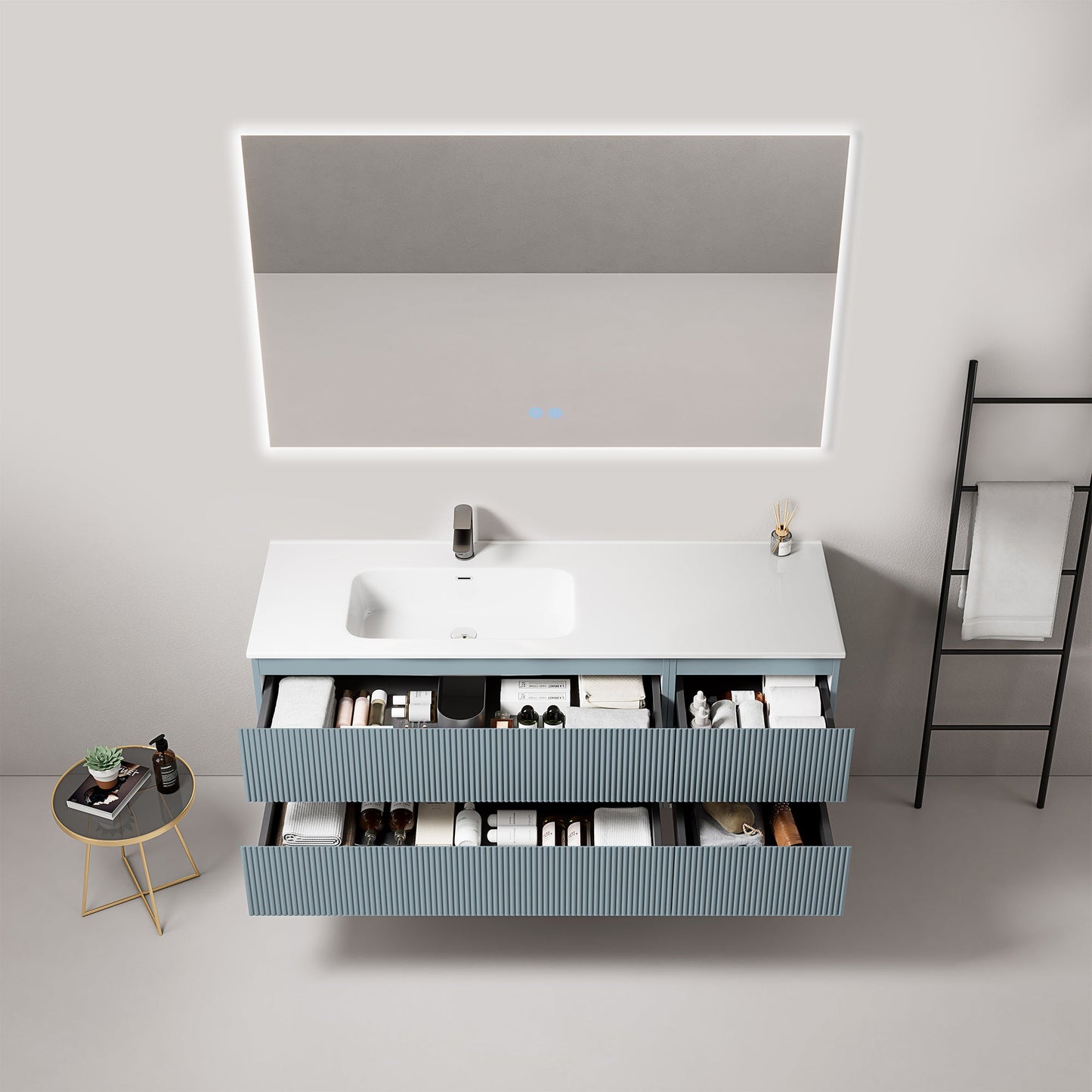 Mobile bagno sospeso cannettato 140 cm Blu Avio Lavabo a Sinistra in Resina Specchio Quadro Retroilluminato - Fiji Paint