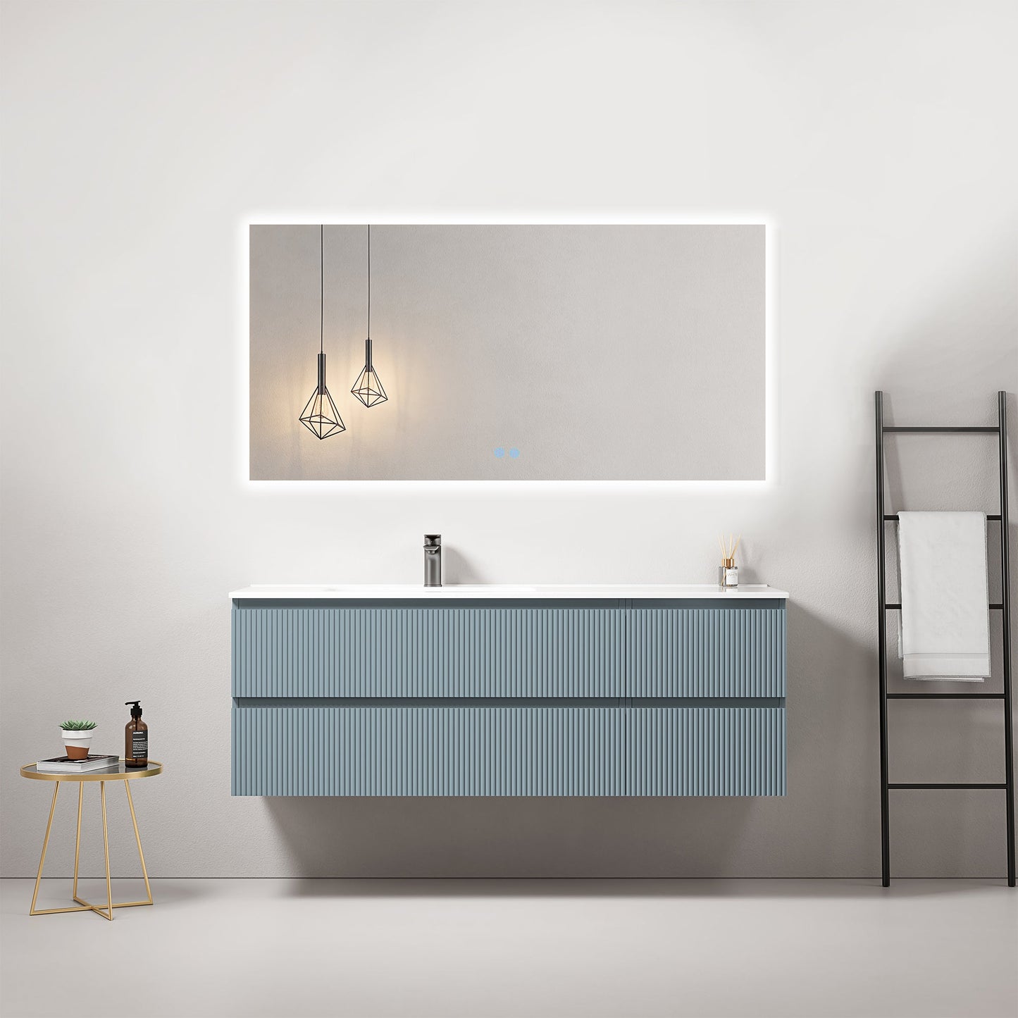Mobile bagno sospeso cannettato 140 cm Blu Avio Lavabo a Sinistra in Resina Specchio Quadro Retroilluminato - Fiji Paint