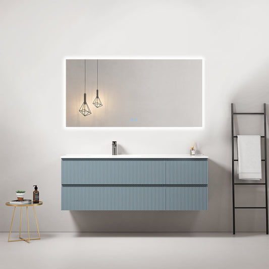 Mobile bagno sospeso cannettato 140 cm Blu Avio Lavabo a Sinistra in Resina Specchio Quadro Retroilluminato - Fiji Paint