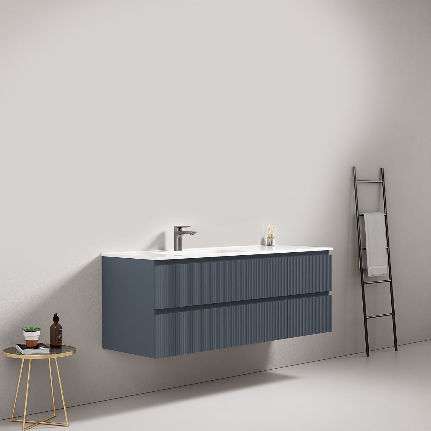 Mobile bagno sospeso cannettato 140 cm Blu Mare Lavabo a Sinistra in Resina Senza Specchio - Fiji Paint