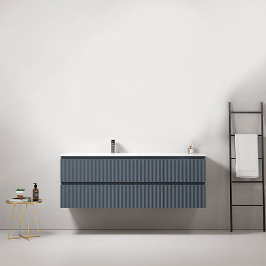 Mobile bagno sospeso cannettato 140 cm Blu Mare Lavabo a Sinistra in Resina Senza Specchio - Fiji Paint