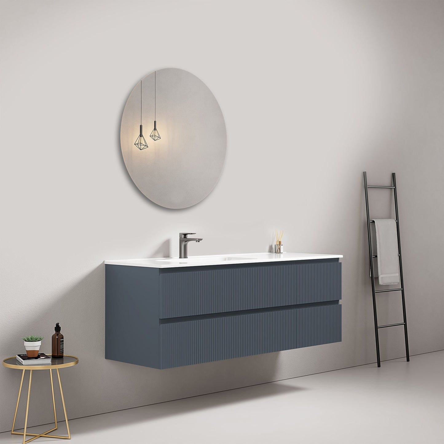 Mobile bagno sospeso cannettato 140 cm Blu Mare Lavabo a Sinistra in Resina Specchio Tondo - Fiji Paint