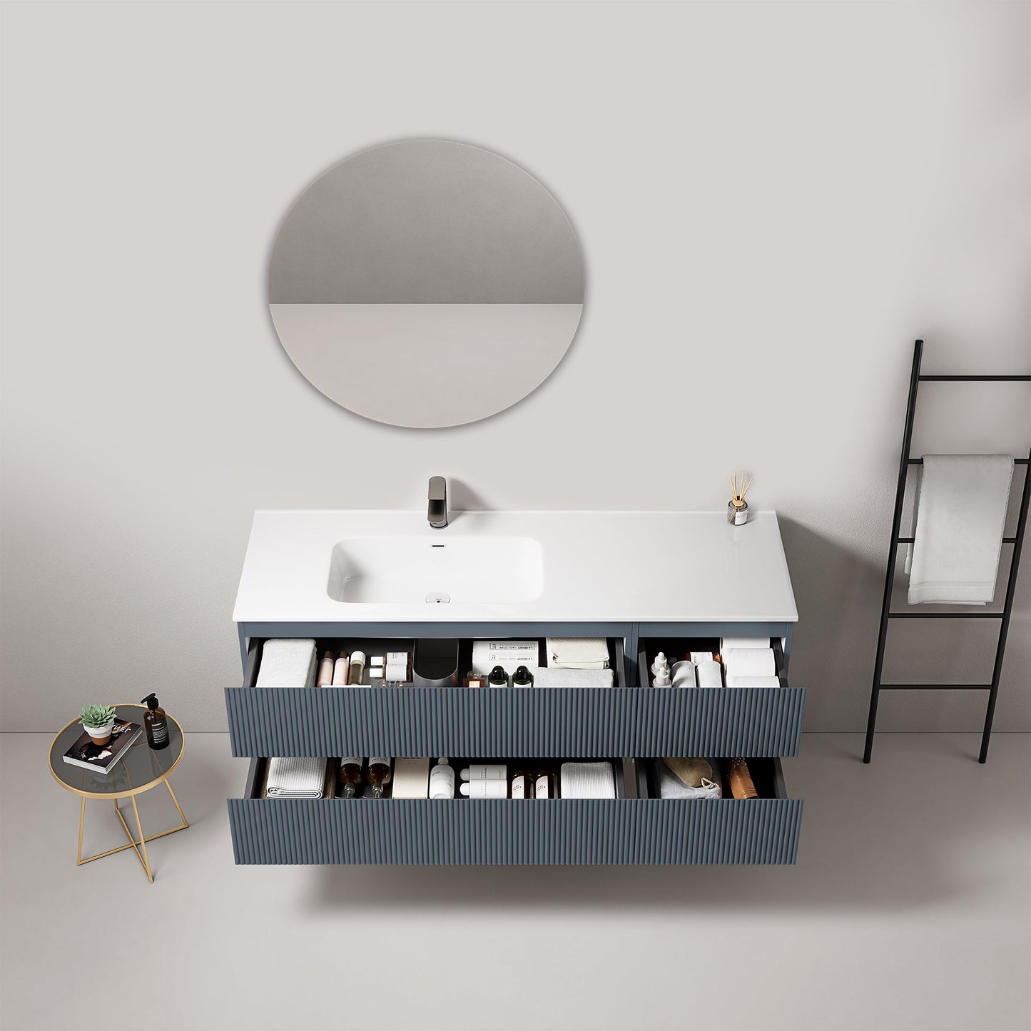 Mobile bagno sospeso cannettato 140 cm Blu Mare Lavabo a Sinistra in Resina Specchio Tondo - Fiji Paint
